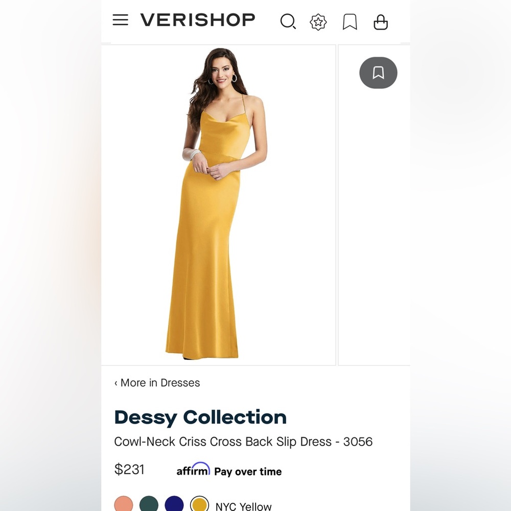 Dessy Collection Cowl Neck Criss cross back slip dress yellow color. Size 6 NWT